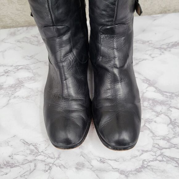 Modern Vintage Janet Black Knee High Tall Leather Riding Boots with Buckles - Picture 2 of 14